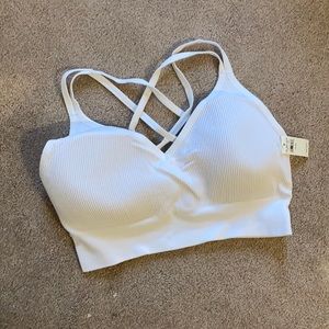 White Ribbed Lattice Back Sports Bra